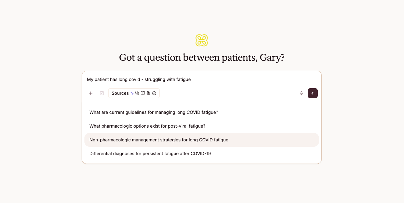 Heidi Evidence Q&A surface with a clinician asking about long COVID fatigue management, surfaced suggested questions covering guidelines, pharmacologic options, non-pharmacologic strategies and differential diagnoses.