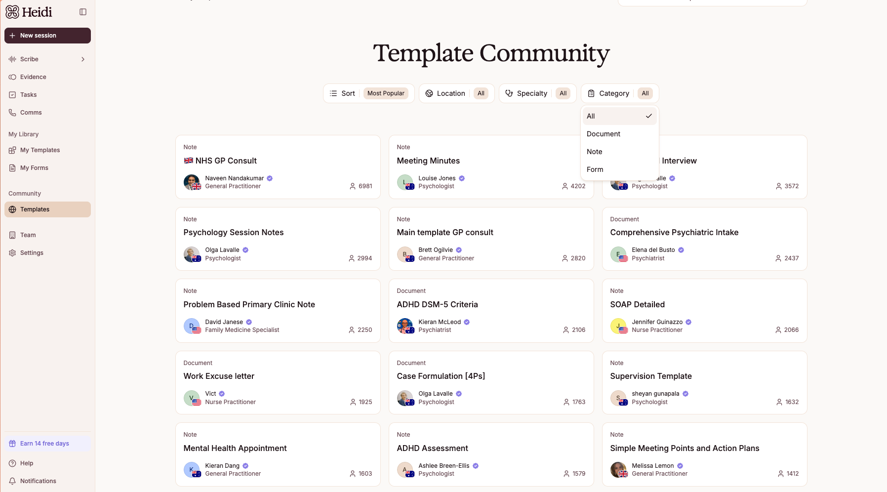 Heidi Template Community grid showing community-published templates filterable by sort, location, specialty and category — NHS GP Consult, Meeting Minutes, Psychology Session Notes, Main GP consult, ADHD DSM-5 Criteria, SOAP Detailed and others.