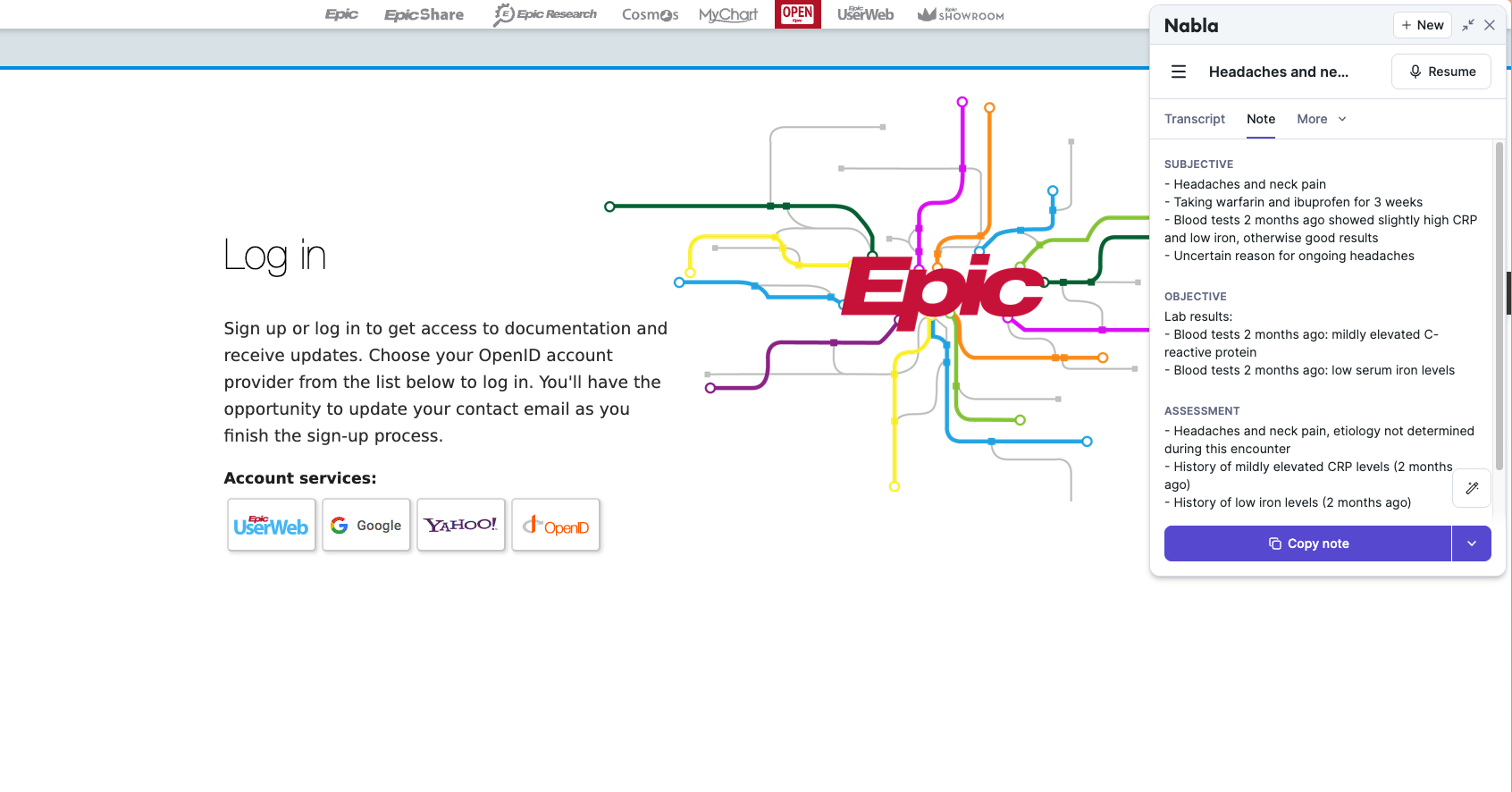 Nabla Chrome extension overlay showing a finalized SOAP note for a headaches and neck pain encounter, with subjective, objective and assessment sections.