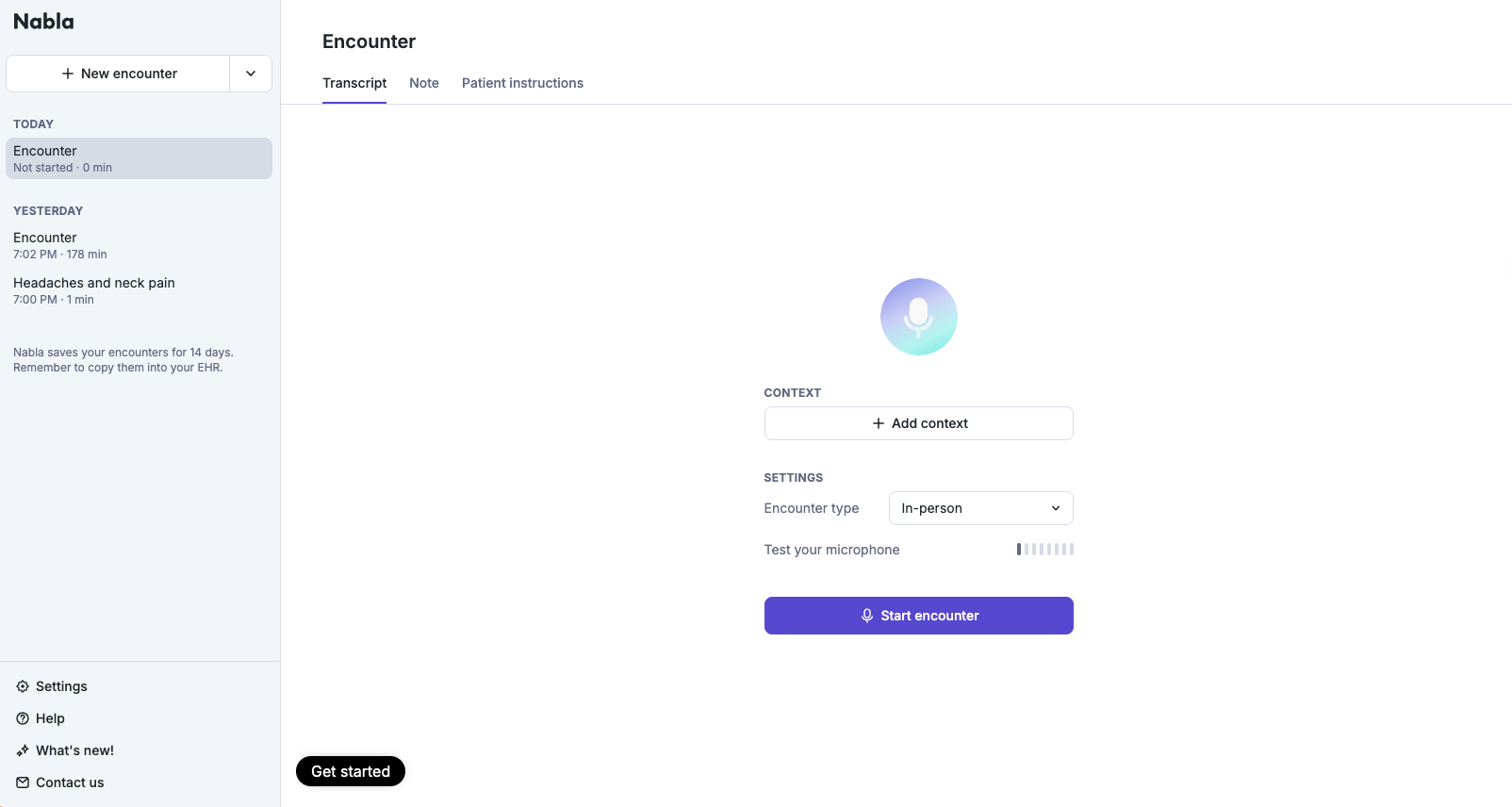Nabla web app encounter dashboard with a sidebar of past encounters, an in-person encounter type selector, microphone test, and a Start encounter button.