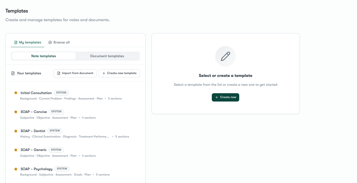 Stenoly template library view with cross-specialty templates including SOAP, DAP, ADHD assessment and physiotherapy notes; correspondence templates for referral letters, insurance letters, patient communications and discharge summaries.